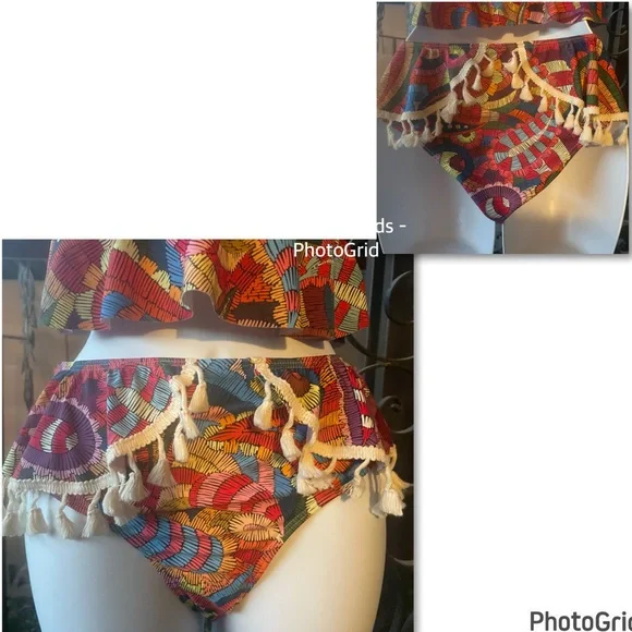 New Tankini Ruffle Colorful Abstract Graphic Boho Print Tassel Swimsuit Medium - Picture 9 of 16